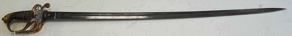 An 1845 infantry officer’s sword, with engraved, fullered and proofed blade, brass guard and remains of shagreen grip, blade 80.5cm. Condition - fair, well worn